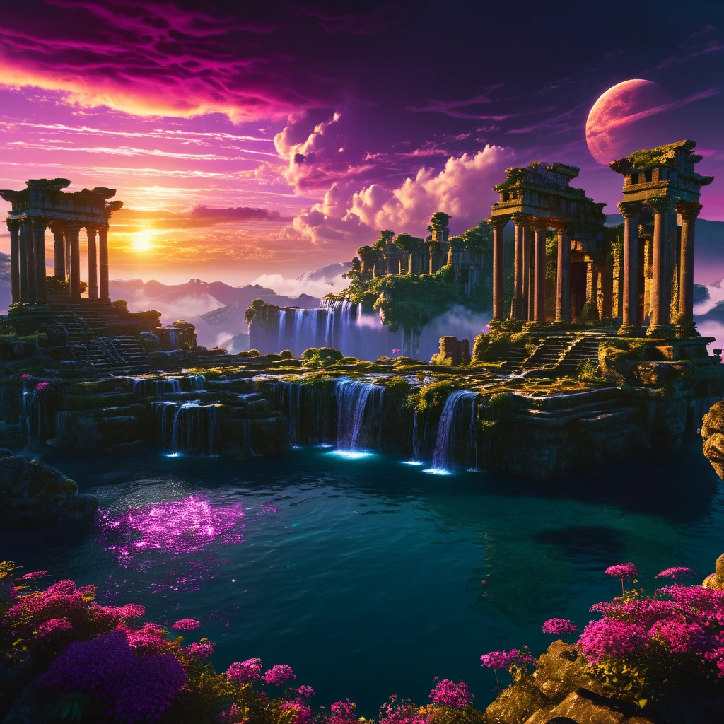 Elysium — AI-generated fantasy landscape with Greco-Roman ruins, cascading waterfalls, and a glowing orange moon