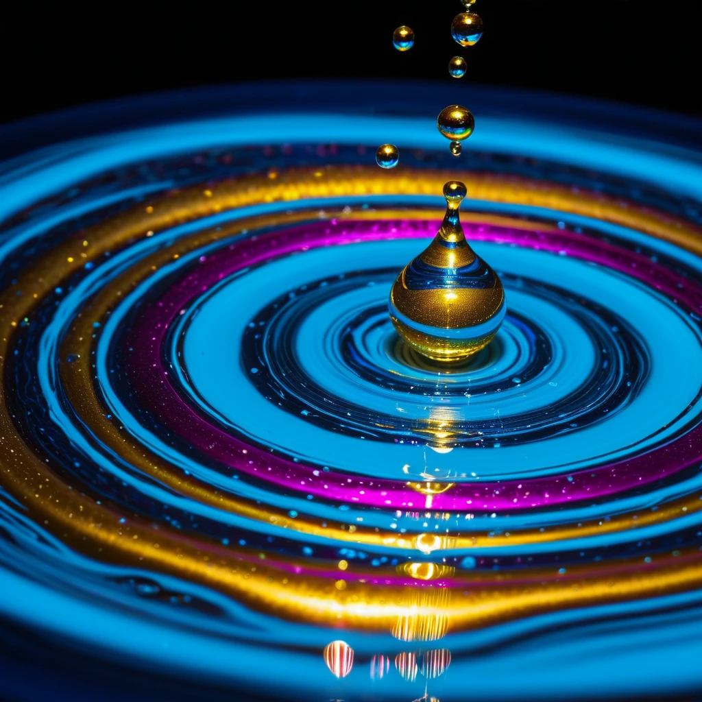 Flux — Hyperrealistic 3D liquid droplet impact in vibrant cyan and magenta with golden highlights