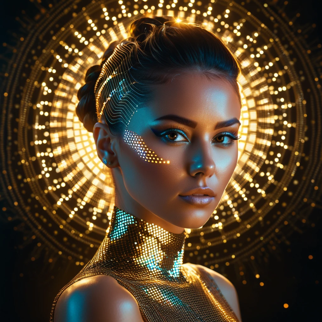 Cipher — Futuristic AI-generated portrait with gold and teal digital mesh overlays