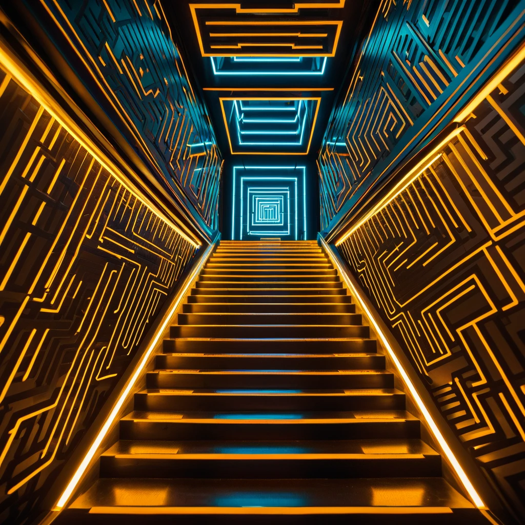 Ascend — Cyberpunk corridor visualization with orange and cyan neon symmetry