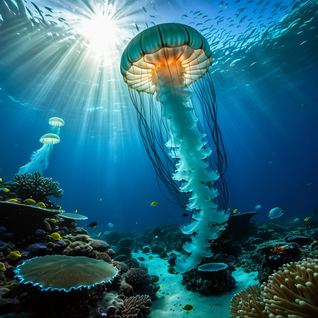 Abyss — Ethereal underwater scene with a luminous jellyfish, coral reef, and dramatic light rays